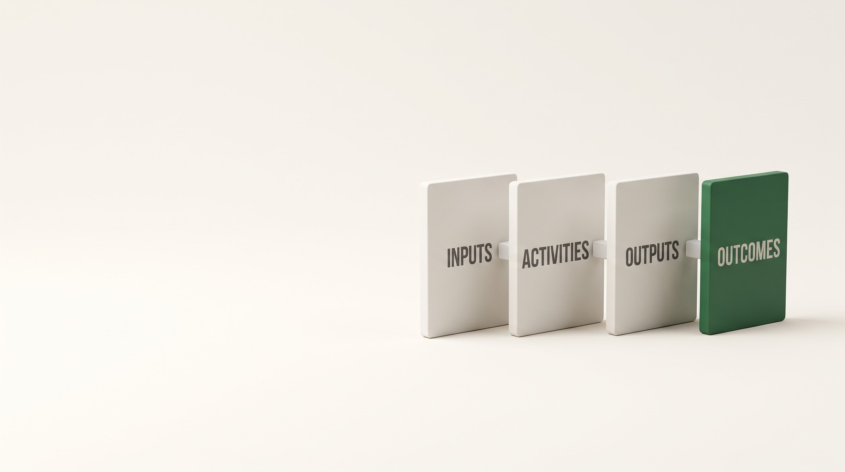 Four linked matte tiles reading INPUTS, ACTIVITIES, OUTPUTS and OUTCOMES, with the OUTCOMES tile in deep green
