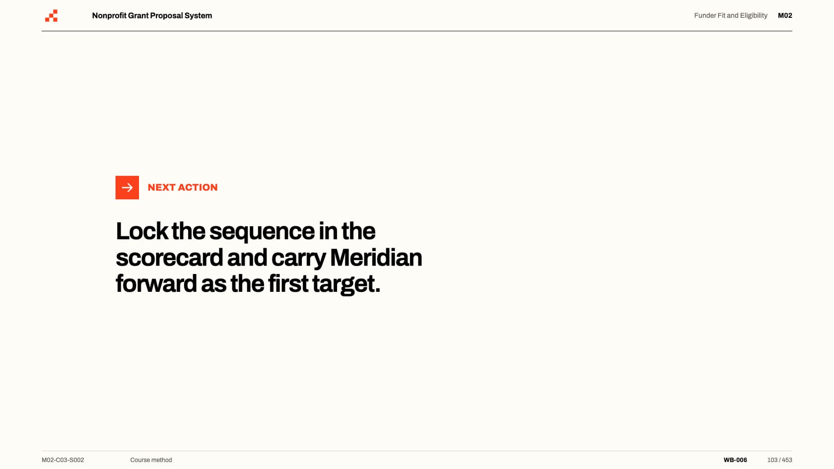 Course slide: scoring funder fit on five weighted questions
