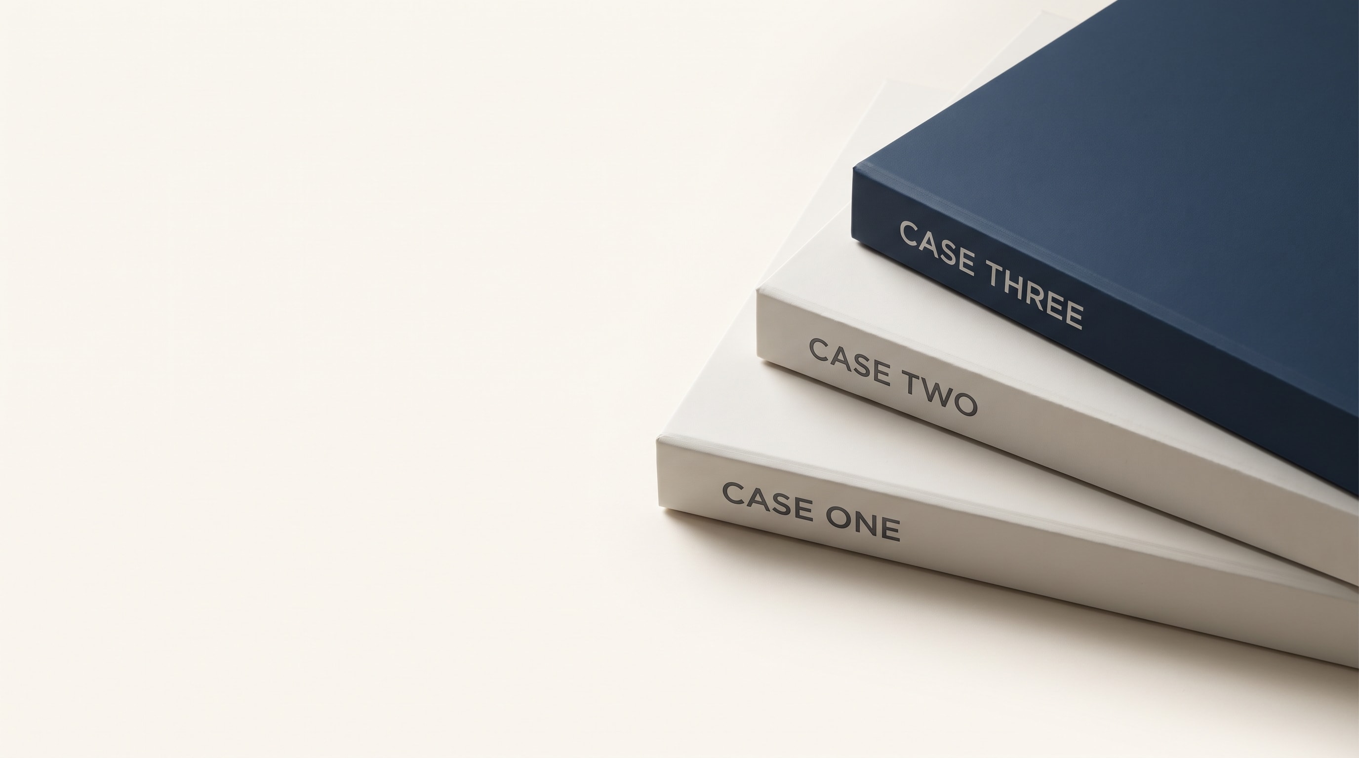 Three stacked matte portfolio volumes labelled CASE ONE, CASE TWO and CASE THREE, with the top volume in deep navy