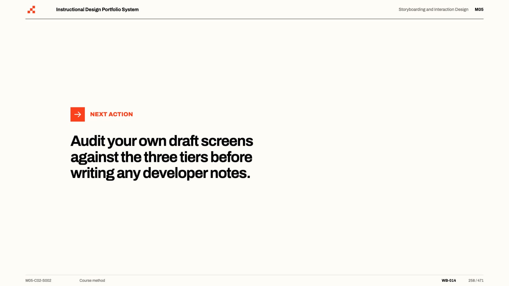 Course slide: one storyboard screen at three quality tiers