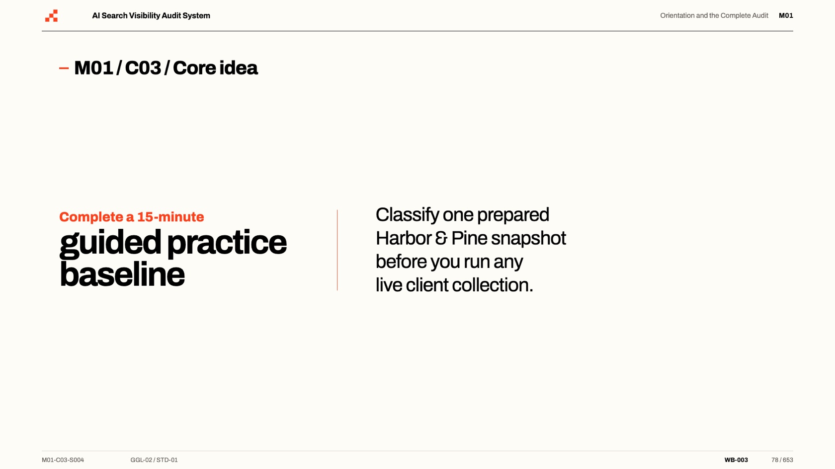 Course slide: the 15-minute guided practice baseline