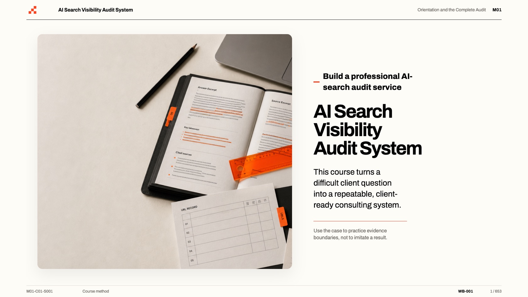 Course slide: the opening module of the AI Search Visibility Audit System