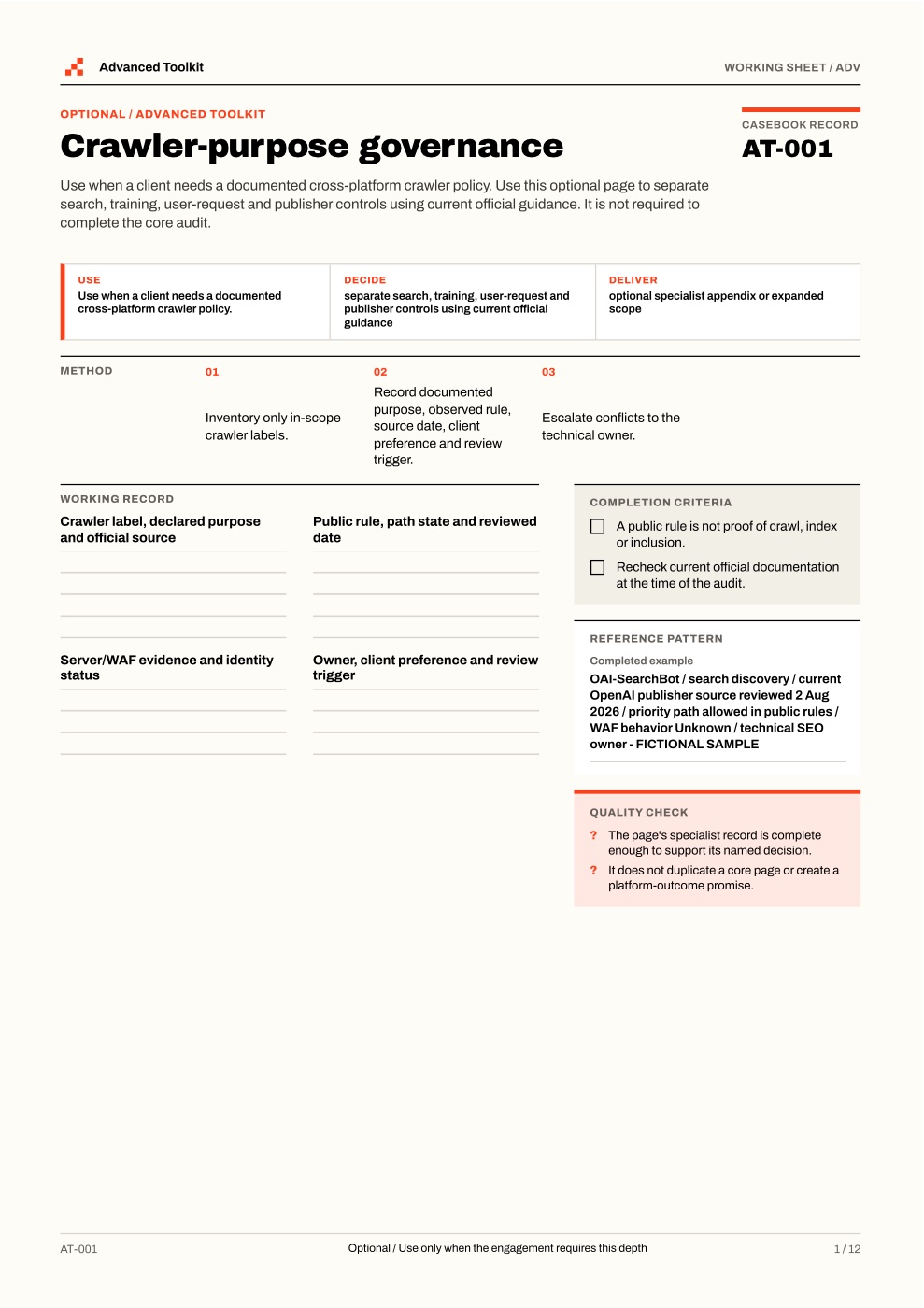 A specialist worksheet from the Advanced Toolkit