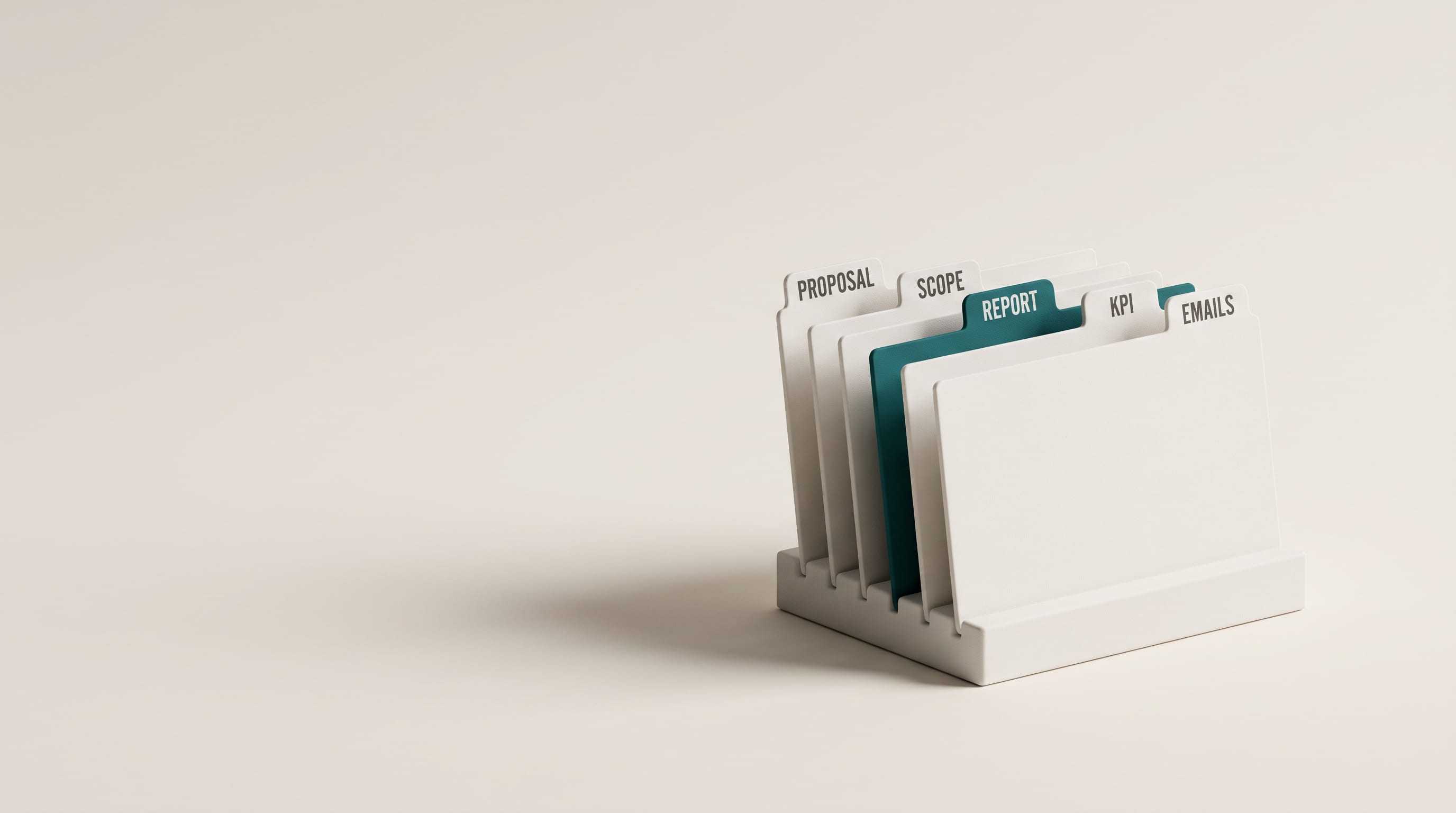 A matte porcelain desk sorter holding five tabbed cards reading PROPOSAL, SCOPE, REPORT, KPI and EMAILS, the REPORT card in deep teal
