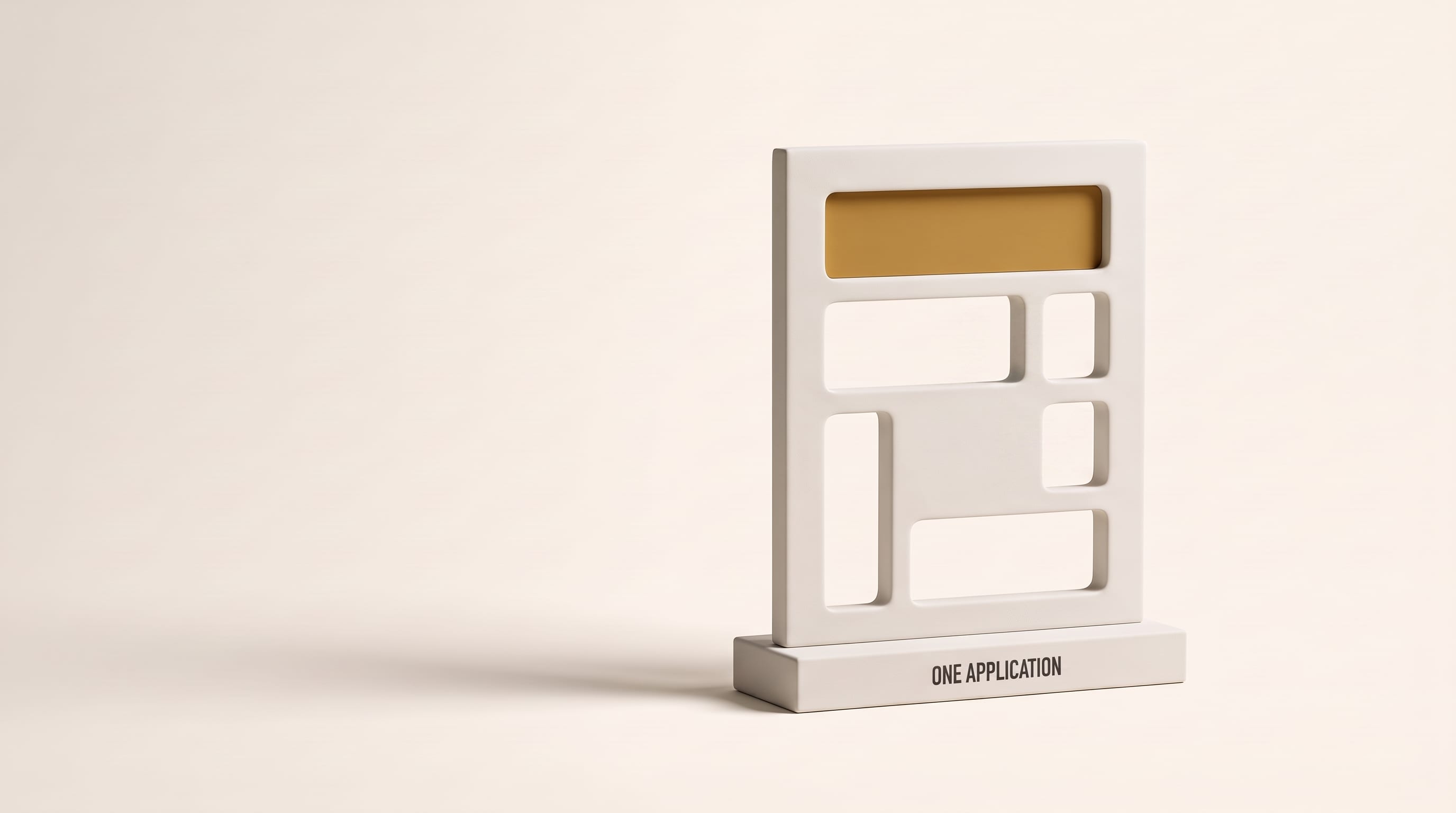 A thick porcelain form plate on a plinth reading ONE APPLICATION, its fields cut clean through it and the top band filled in ochre